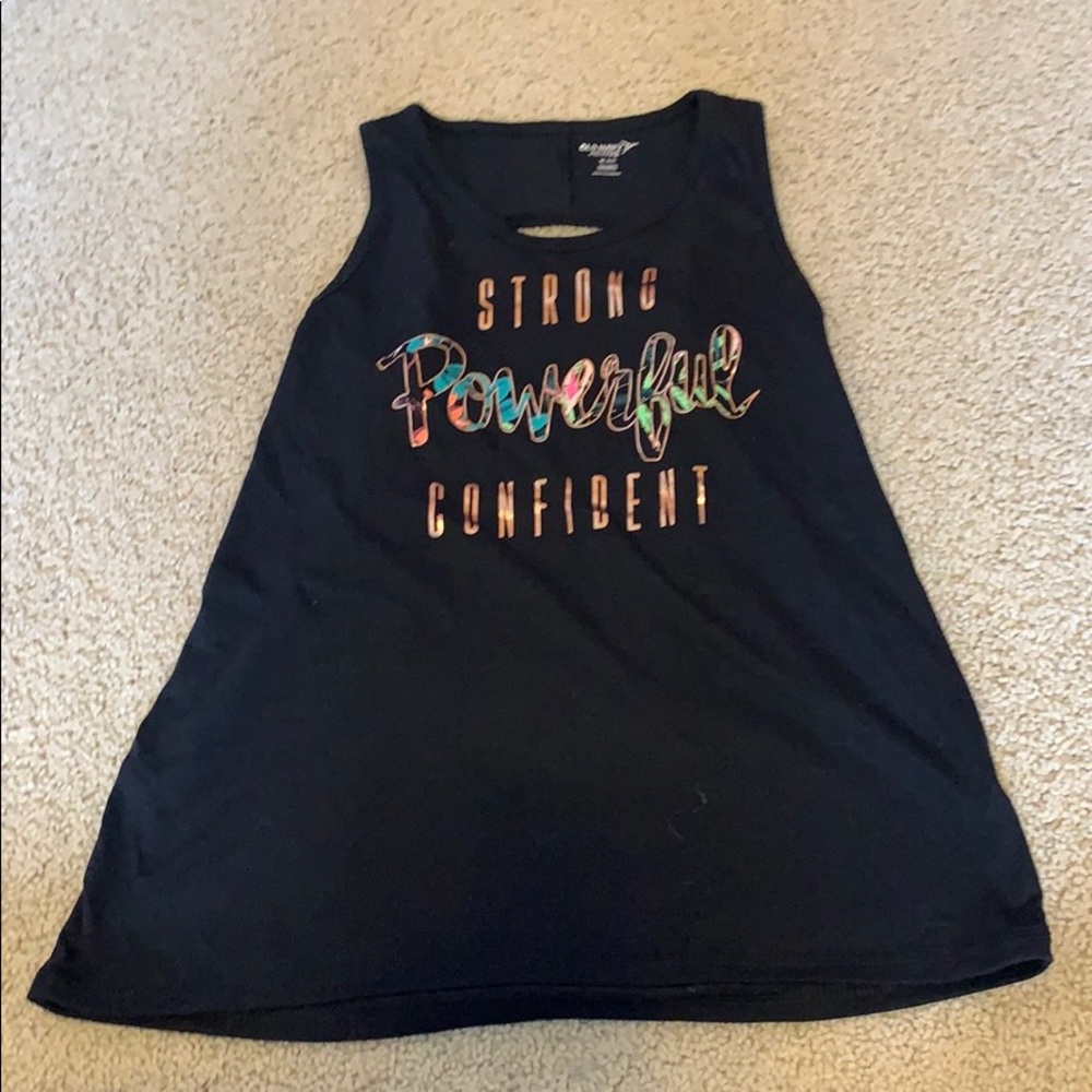 Black graphic tank top with open back